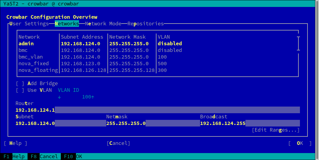 YaST Crowbar Setup: Network Settings YaST Crowbar Setup: Network Settings