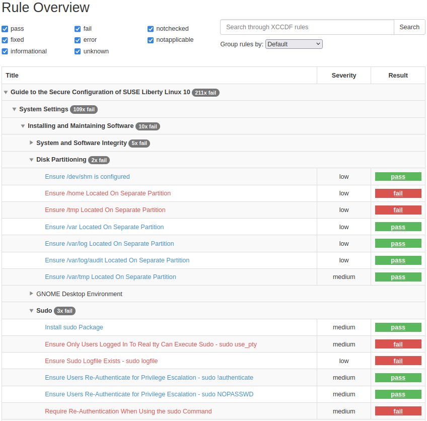 This Rule Overview example shows a small selection of rules along with their severity and test results. Above the list is a group of check boxes for filtering the rule list, a search bar to search the list, and a drop-down list of different ways to group the rules in the list. This Rule Overview example shows a small selection of rules along with their severity and test results. Above the list is a group of check boxes for filtering the rule list, a search bar to search the list, and a drop-down list of different ways to group the rules in the list.