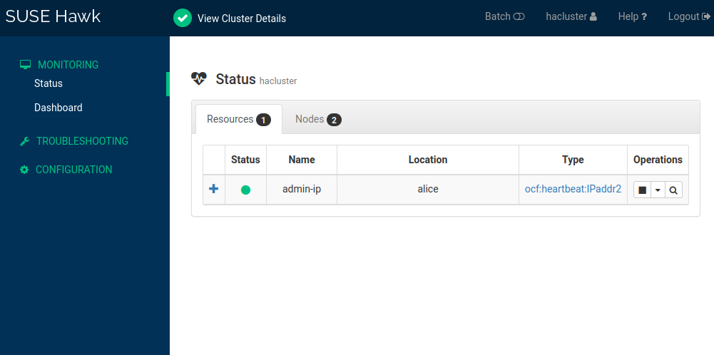 The Status screen shows one configured resource: the virtual IP address admin-ip, running on a node called alice. The Status screen shows one configured resource: the virtual IP address admin-ip, running on a node called alice.