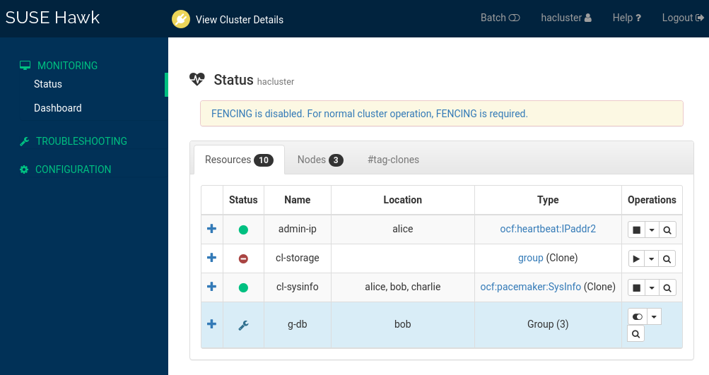 This example of the Status screen shows an Error stating that fencing is disabled. In the list of resources, one is in maintenance mode, two are running, and one is stopped. This example of the Status screen shows an Error stating that fencing is disabled. In the list of resources, one is in maintenance mode, two are running, and one is stopped.