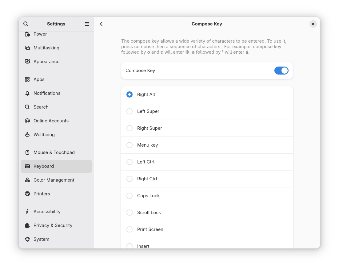 GNOME desktop: enabling the Compose Key sequence of characters GNOME desktop: enabling the Compose Key sequence of characters