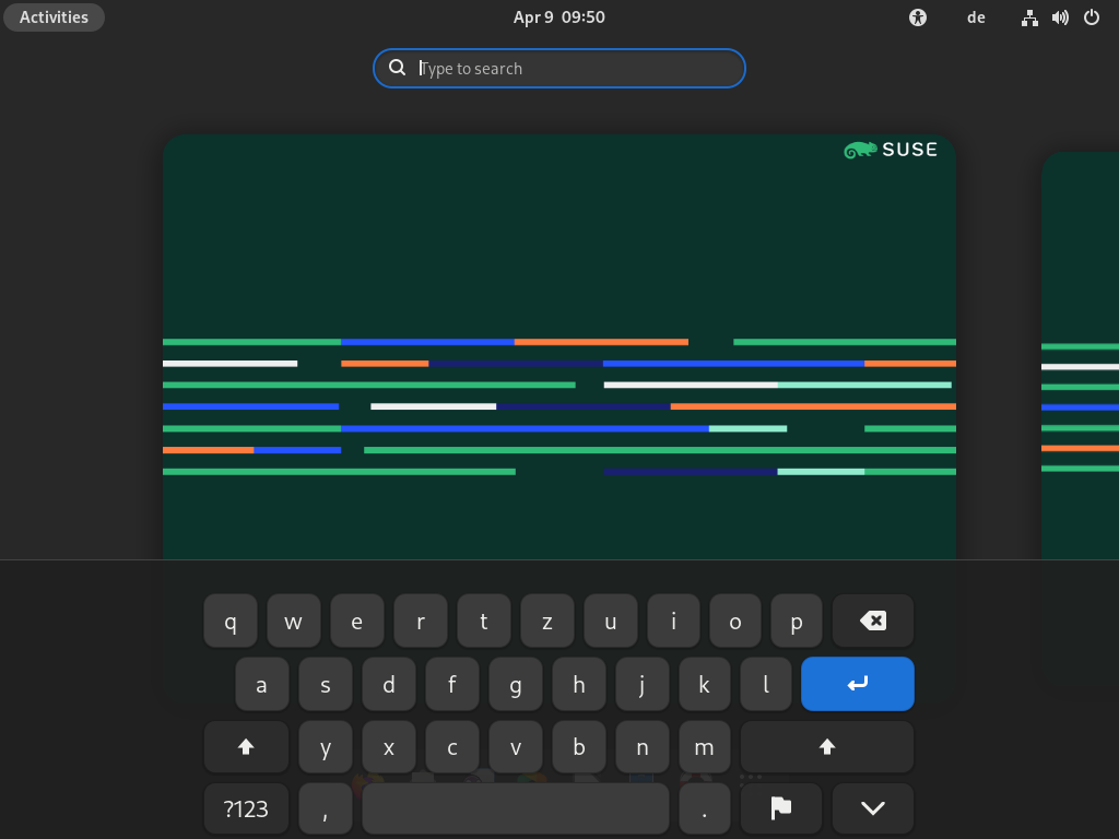 GNOME: on-screen keyboard turned on, showing the English alphabet and digits GNOME: on-screen keyboard turned on, showing the English alphabet and digits