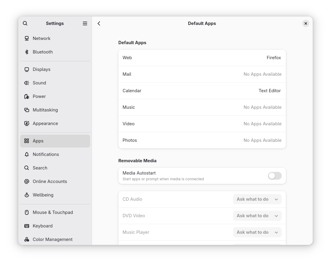 GNOME Default Apps listing applications that are used to open common links and files GNOME Default Apps listing applications that are used to open common links and files