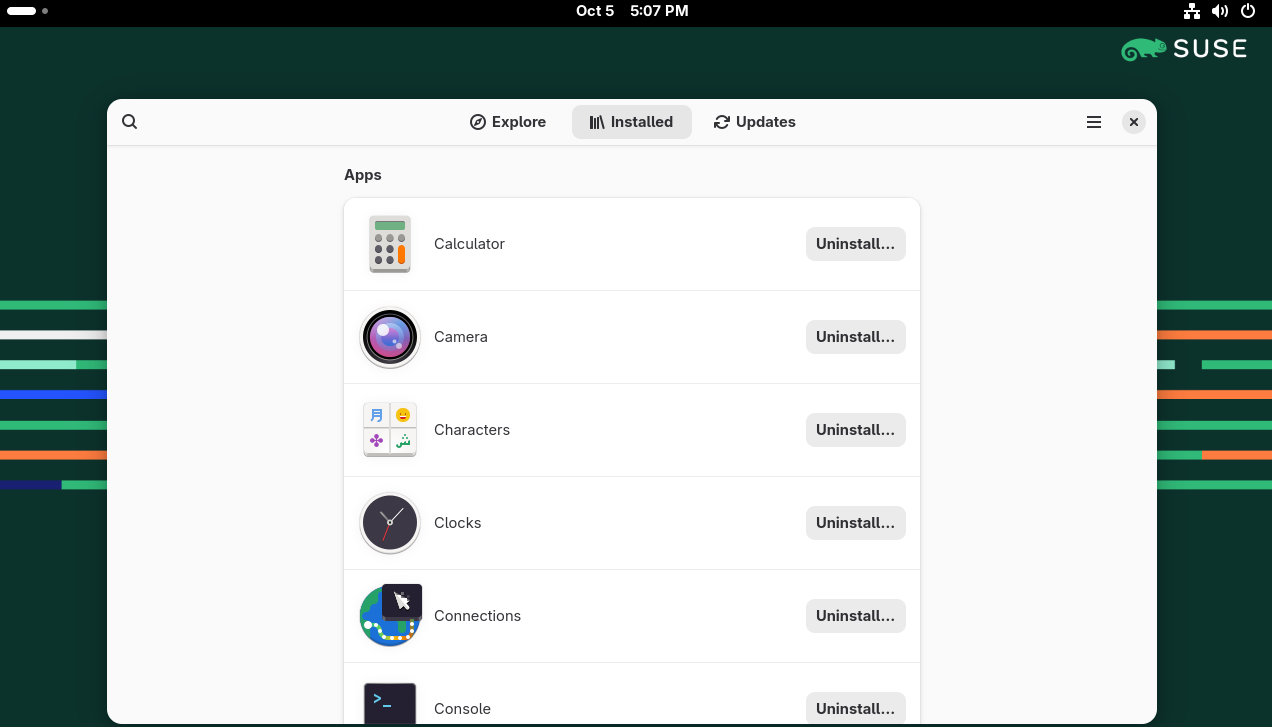 GNOME Software application interface showing installed programs list and package uninstall buttons GNOME Software application interface showing installed programs list and package uninstall buttons