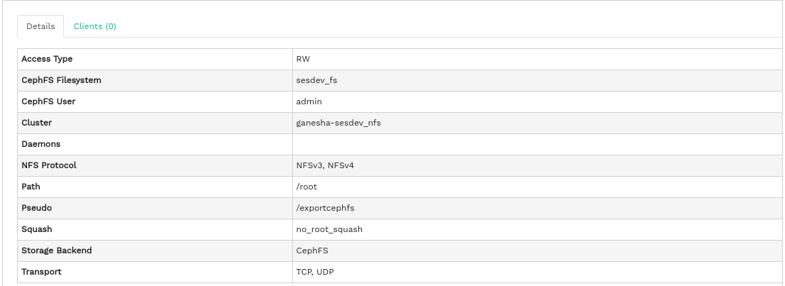 NFS export details NFS export details