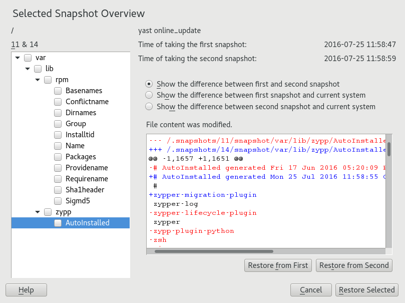 YaST snapshot diff YaST snapshot diff