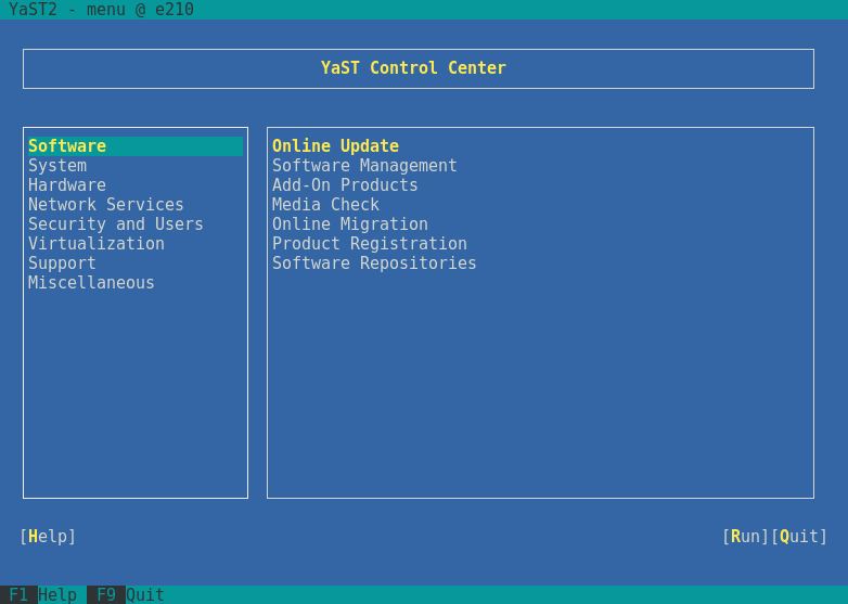 Main Window of YaST in Text Mode Main Window of YaST in Text Mode