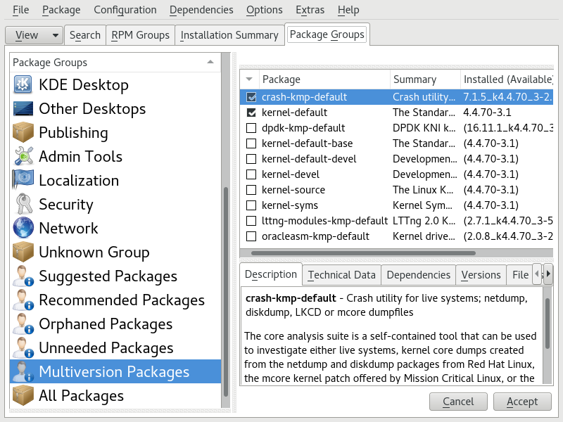 The YaST Software Manager: Multiversion View The YaST Software Manager: Multiversion View