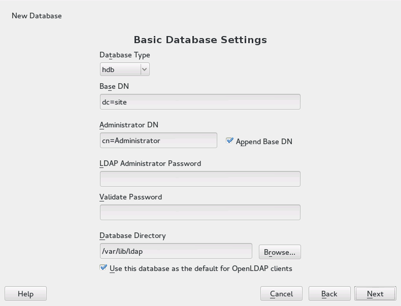 YaST LDAP Server—New Database YaST LDAP Server—New Database