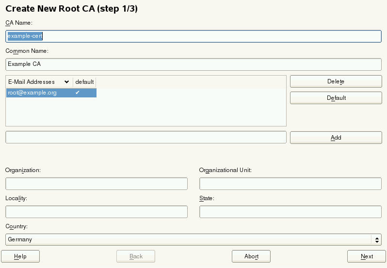 YaST CA Module—Basic Data for a Root CA YaST CA Module—Basic Data for a Root CA