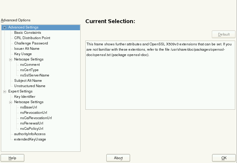 YaST CA Module—Extended Settings YaST CA Module—Extended Settings
