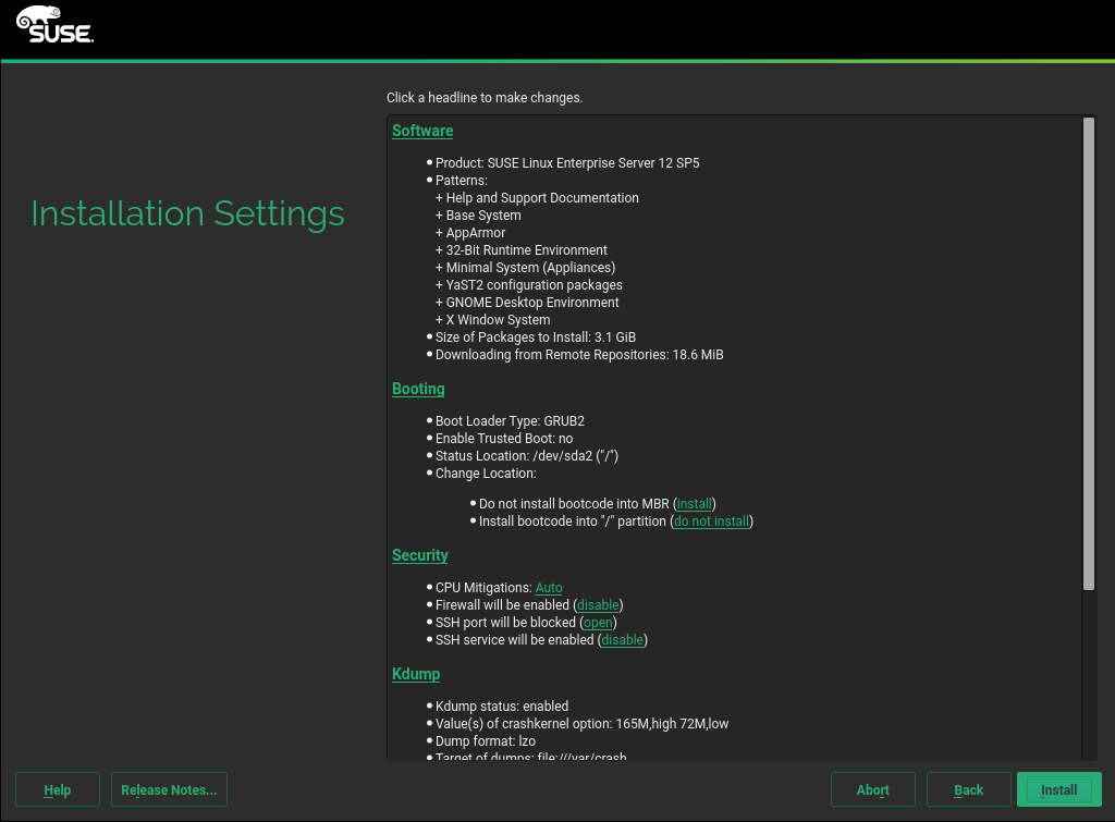 Installation Settings Installation Settings