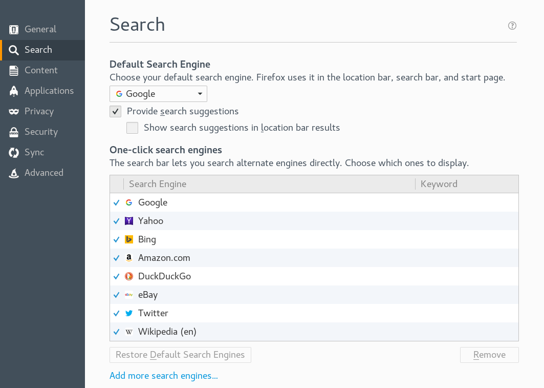Firefox—Manage Search Engines Firefox—Manage Search Engines