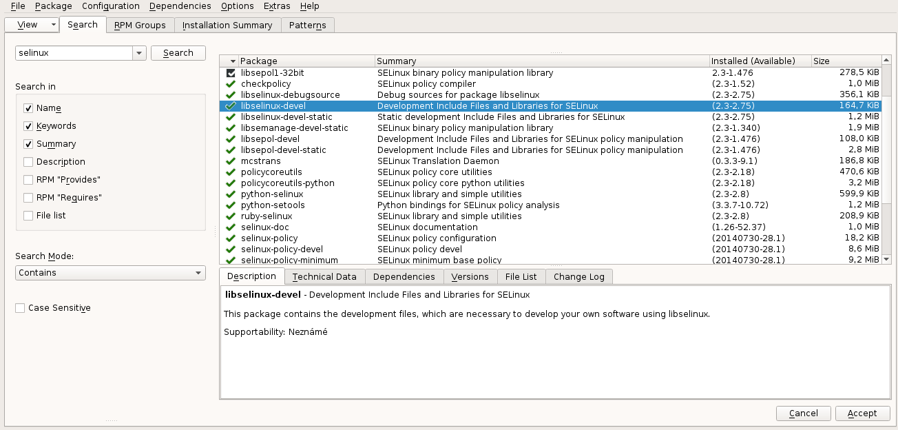 Selecting all SELinux Packages in YaST Selecting all SELinux Packages in YaST