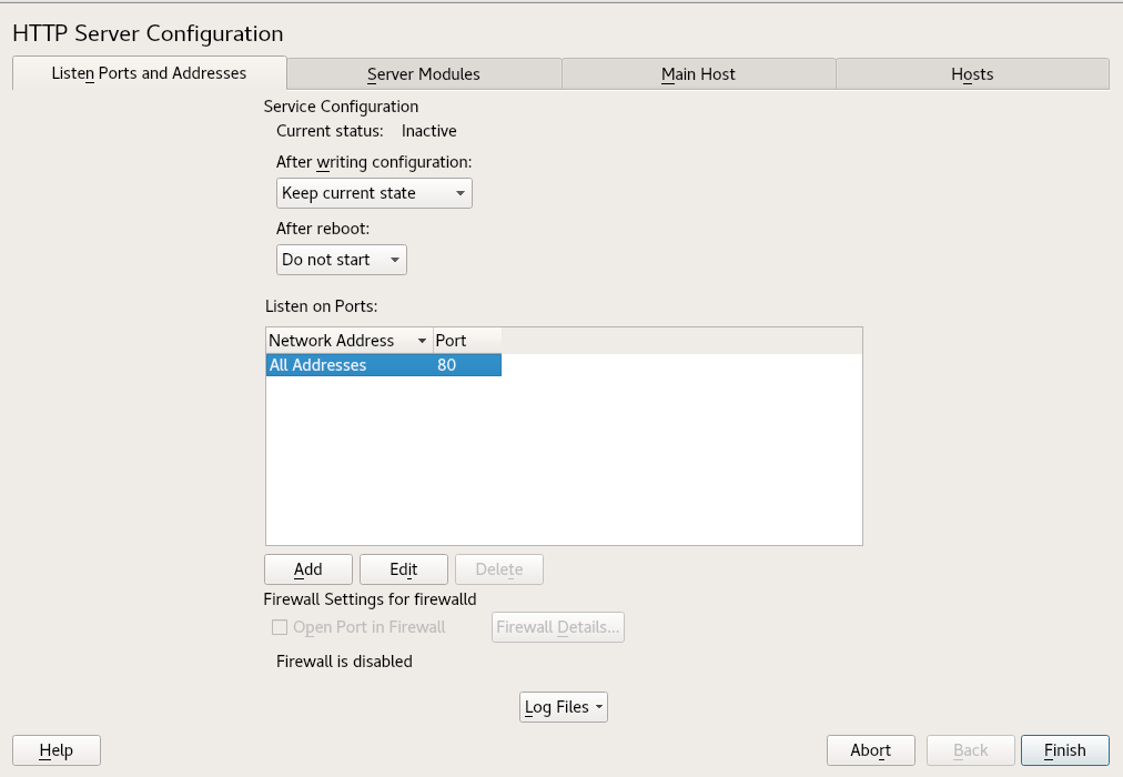 HTTP server configuration: listen ports and addresses HTTP server configuration: listen ports and addresses