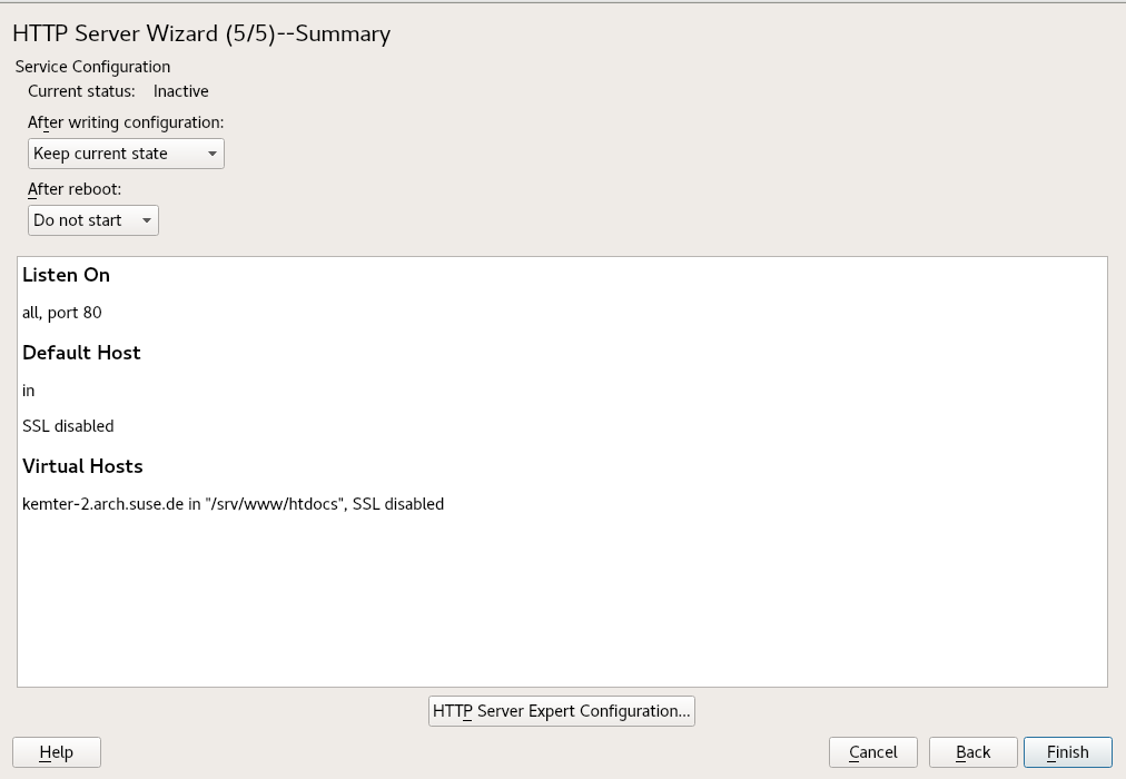 HTTP server wizard: summary HTTP server wizard: summary