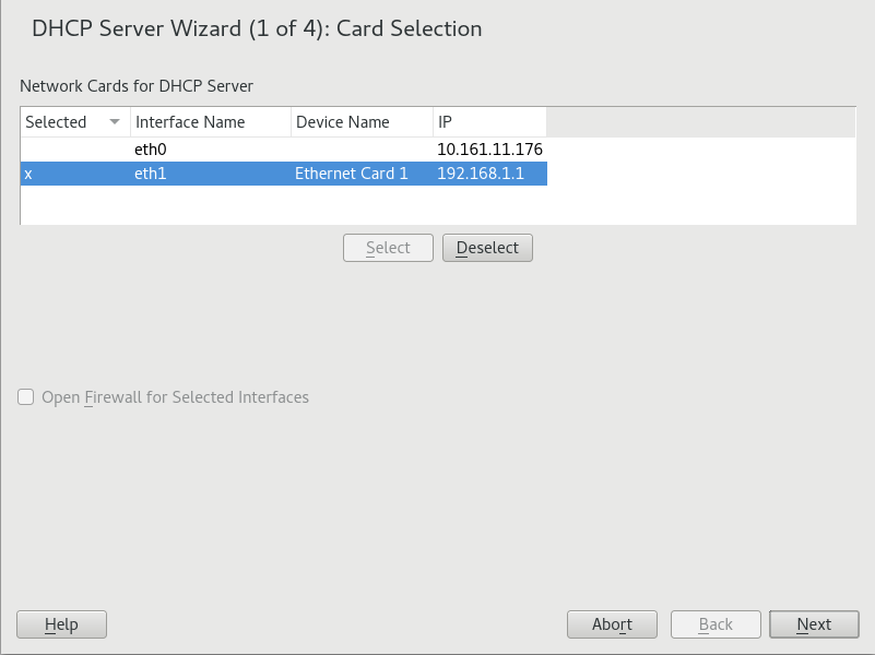 DHCP server: card selection DHCP server: card selection