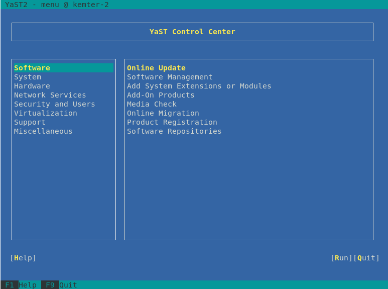 Main window of YaST in text mode Main window of YaST in text mode