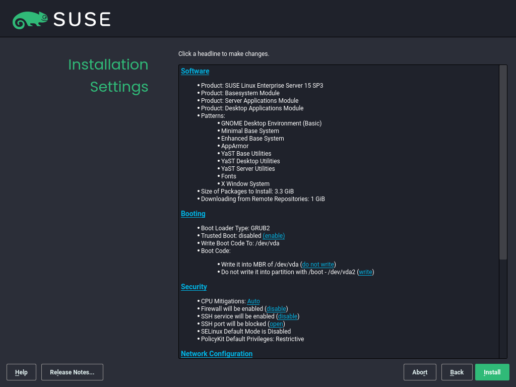 Installation Settings Installation Settings