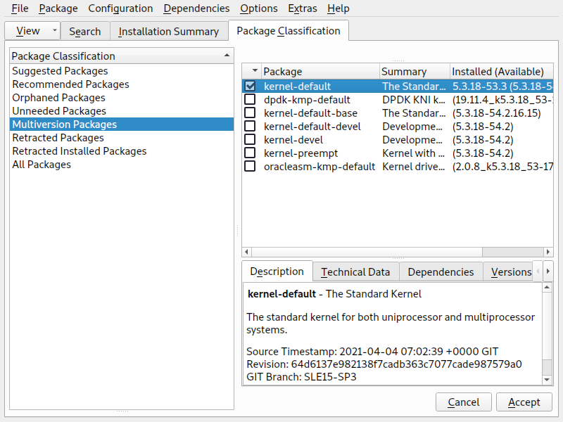 The YaST software manager: multiversion view The YaST software manager: multiversion view