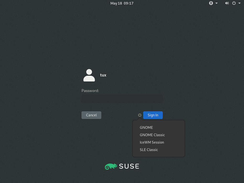 Default GNOME login screen—session type Default GNOME login screen—session type