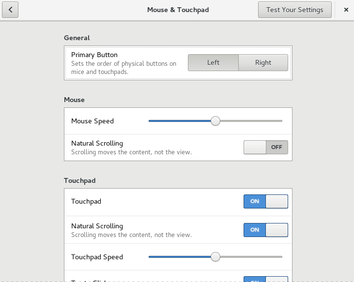 Mouse and Touchpad settings dialog Mouse and Touchpad settings dialog