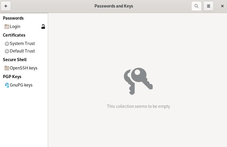 Passwords and Keys main window Passwords and Keys main window