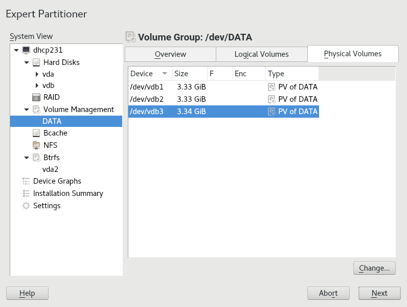 Physical volumes in the volume group named DATA Physical volumes in the volume group named DATA