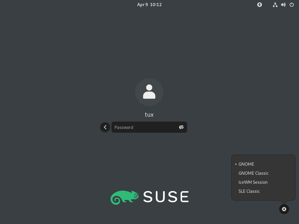 Default GNOME login screen—session type Default GNOME login screen—session type