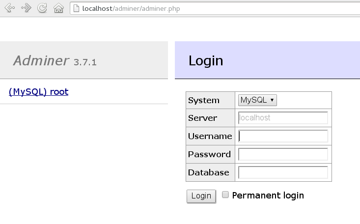 Adminer login page Adminer login page