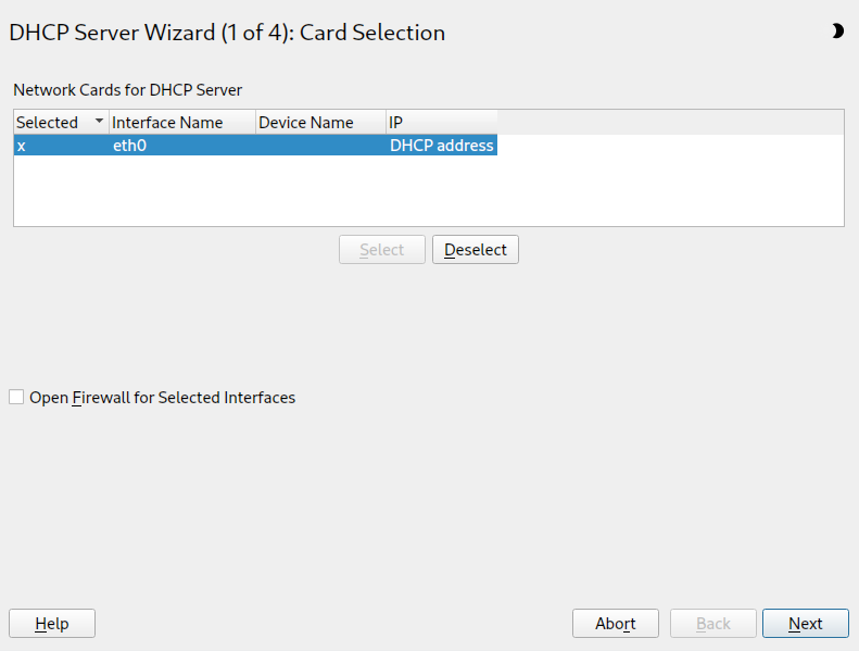 DHCP server: card selection DHCP server: card selection