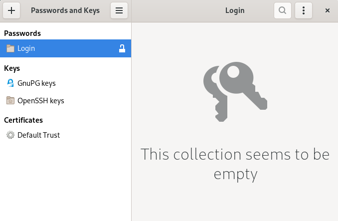 Passwords and Keys main window Passwords and Keys main window