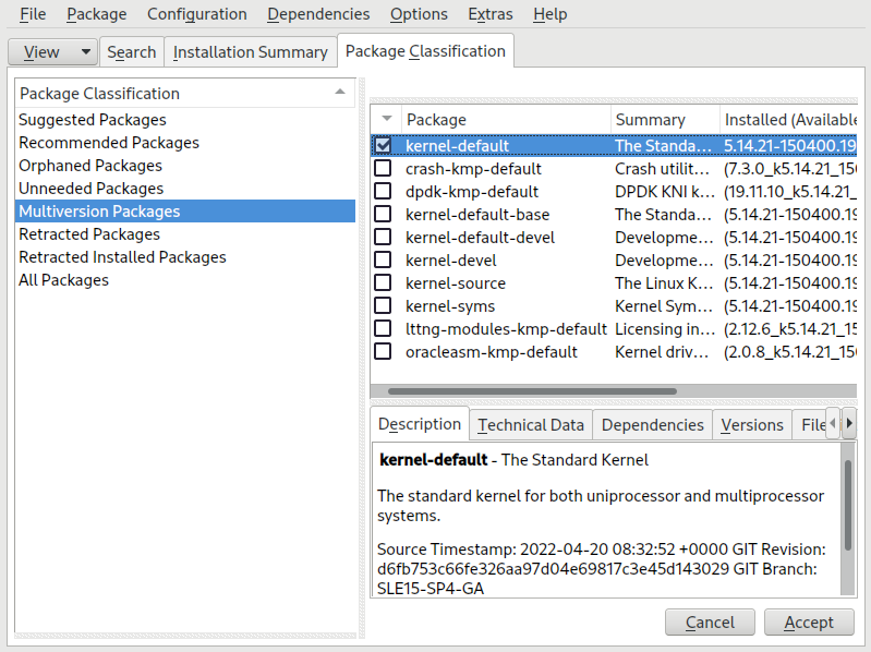 The YaST software manager: multiversion view The YaST software manager: multiversion view