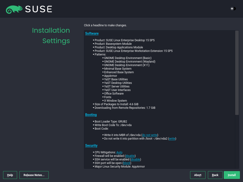 Installation Settings Installation Settings