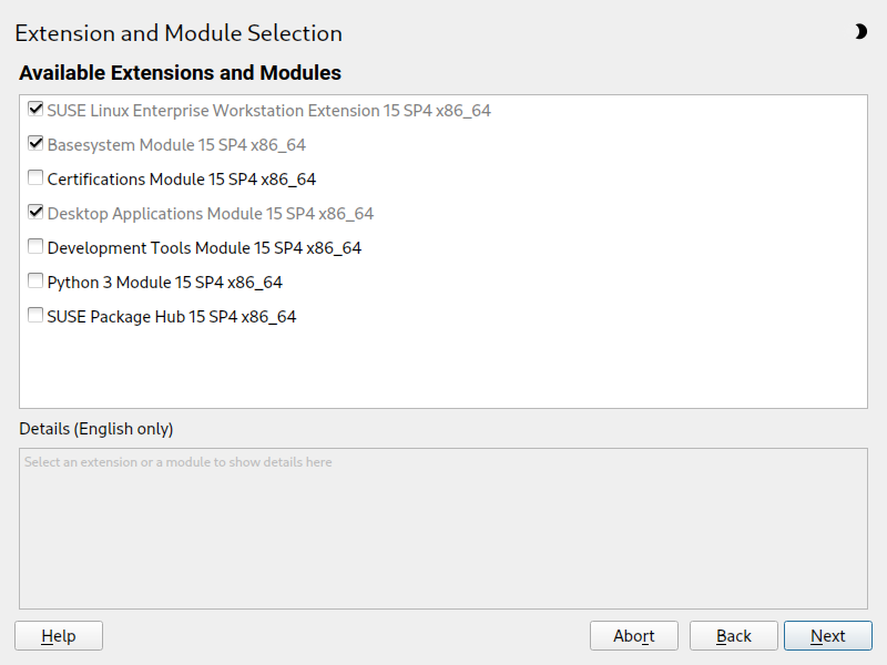 Extension and Module Selection dialog Extension and Module Selection dialog