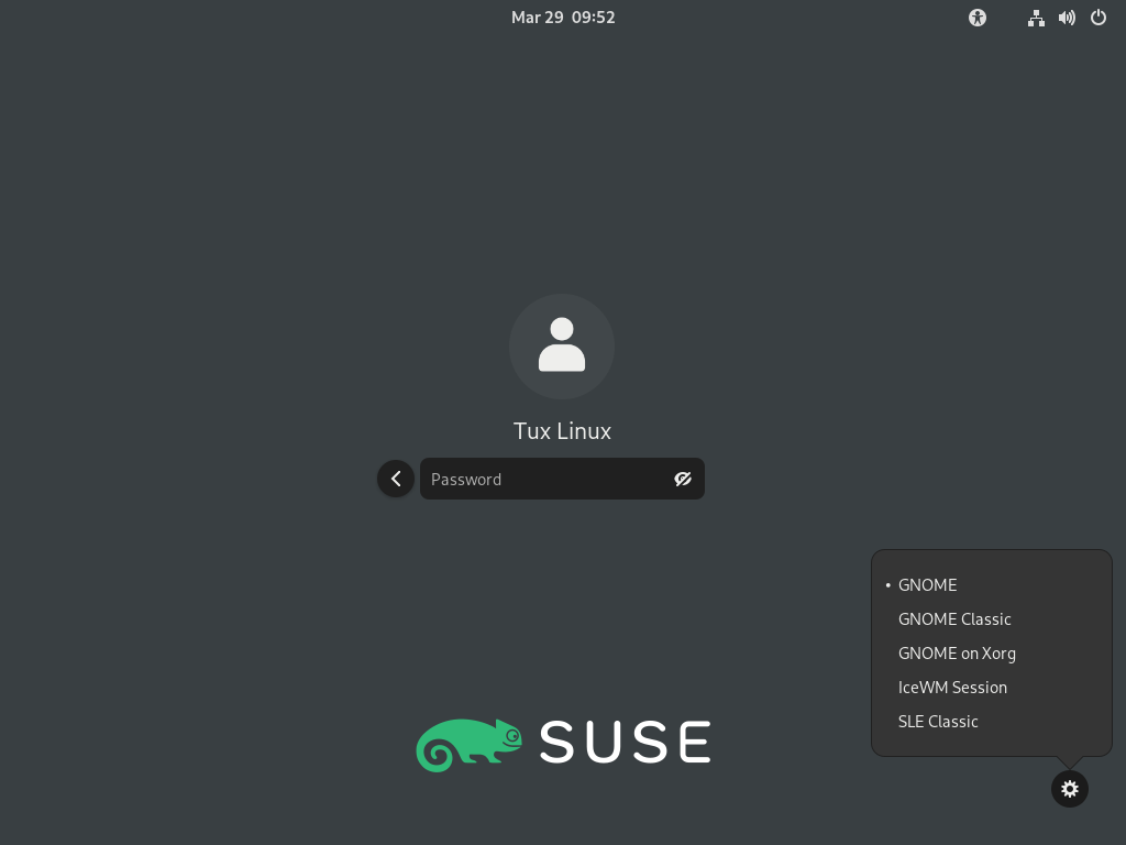 Default GNOME login screen—session type Default GNOME login screen—session type