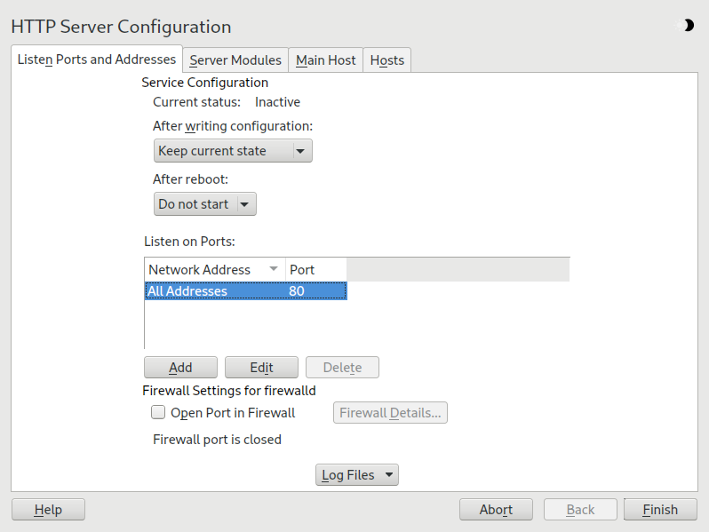 HTTP server configuration: listen ports and addresses HTTP server configuration: listen ports and addresses