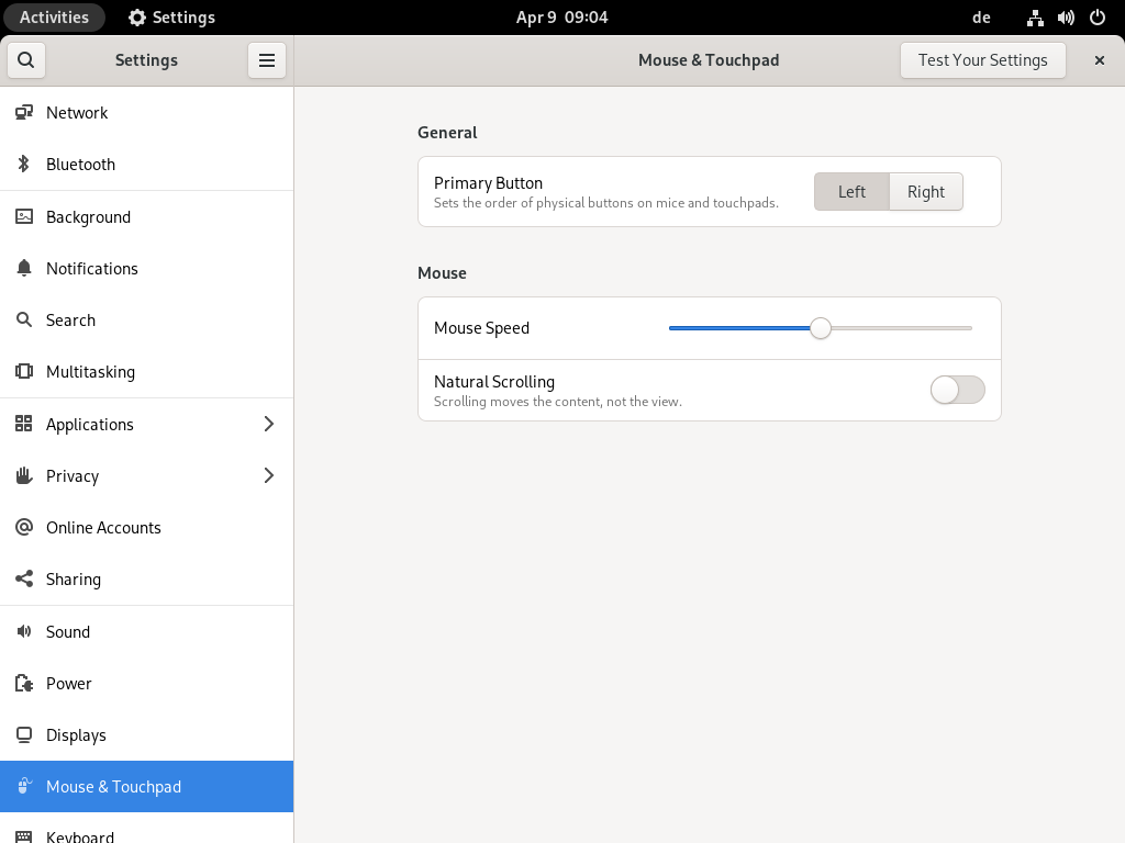 Mouse and Touchpad settings dialog Mouse and Touchpad settings dialog
