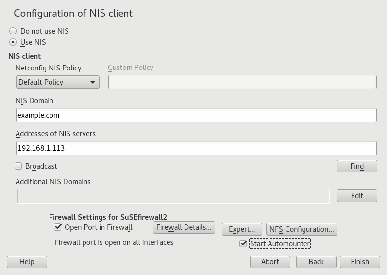 Setting domain and address of a NIS server Setting domain and address of a NIS server