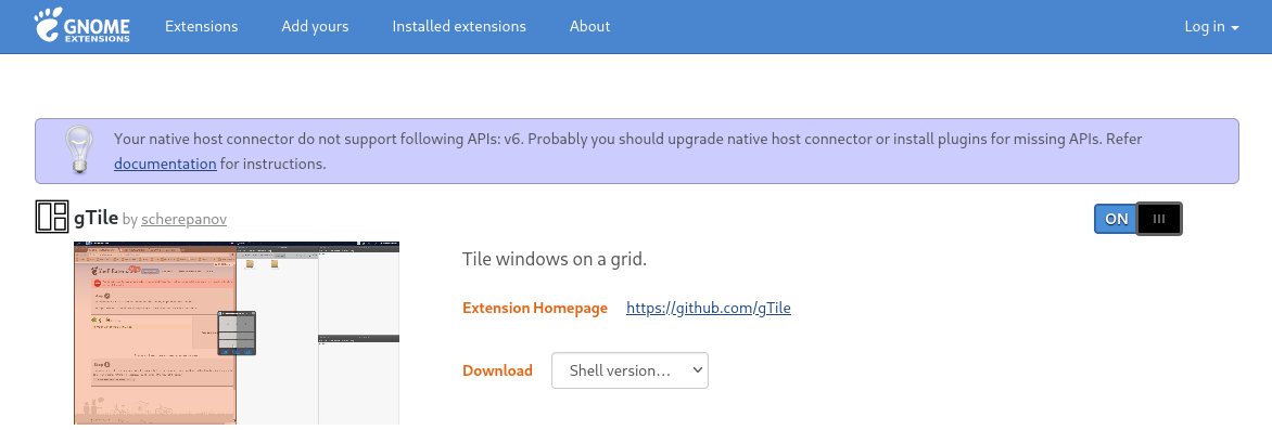 GNOME gTile extension activated GNOME gTile extension activated