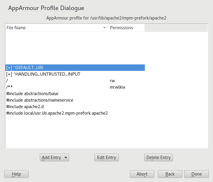 AppArmor profile dialog AppArmor profile dialog
