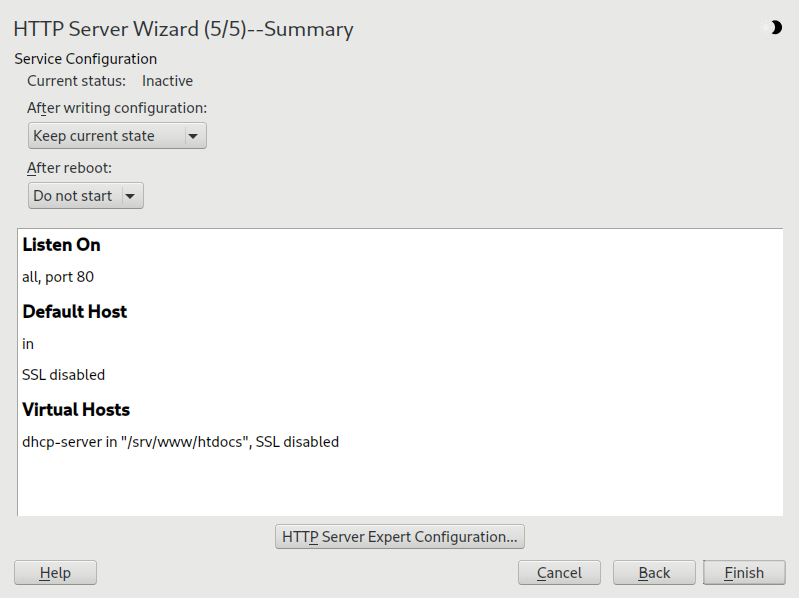 HTTP server wizard: summary HTTP server wizard: summary