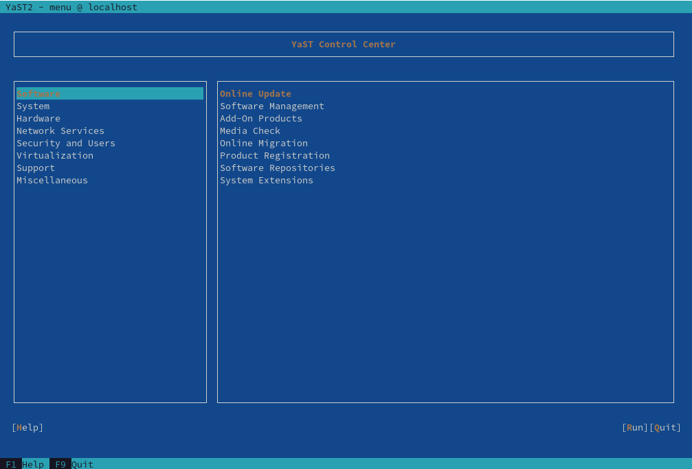 Main window of YaST in text mode Main window of YaST in text mode