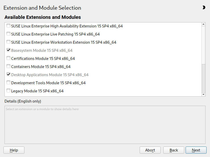 Extension and Module Selection dialog Extension and Module Selection dialog