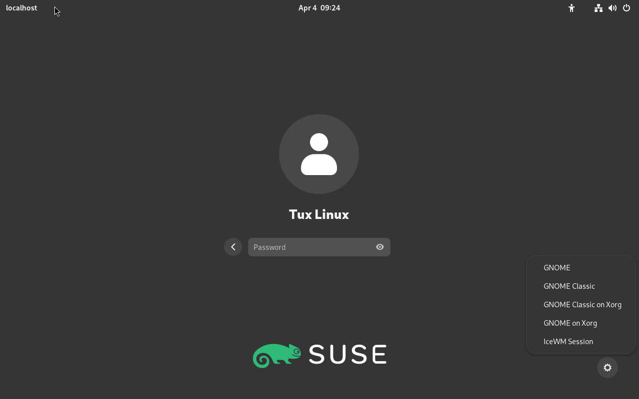 Default GNOME login screen—session type Default GNOME login screen—session type