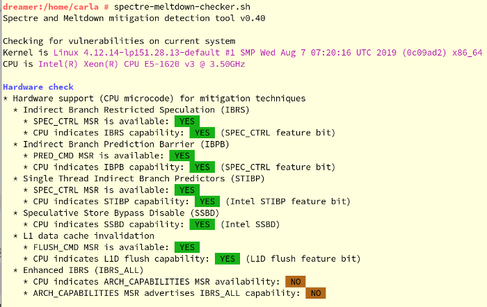 Partial output of spectre-meltdown-checker.sh Partial output of spectre-meltdown-checker.sh