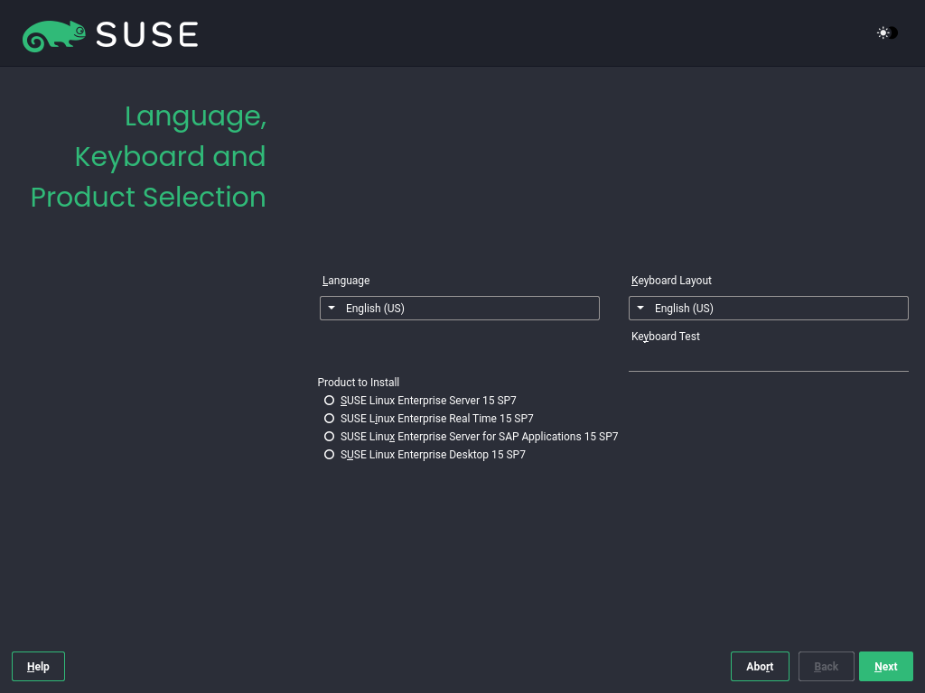 Language, keyboard and product selection Language, keyboard and product selection