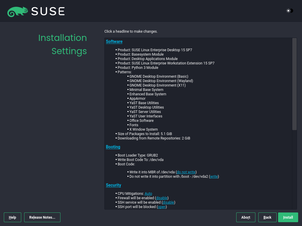 Installation Settings Installation Settings