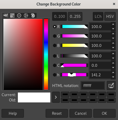 The dialog for changing the background color, showing advanced color selection options using, HTML notation and color sliders The dialog for changing the background color, showing advanced color selection options using, HTML notation and color sliders