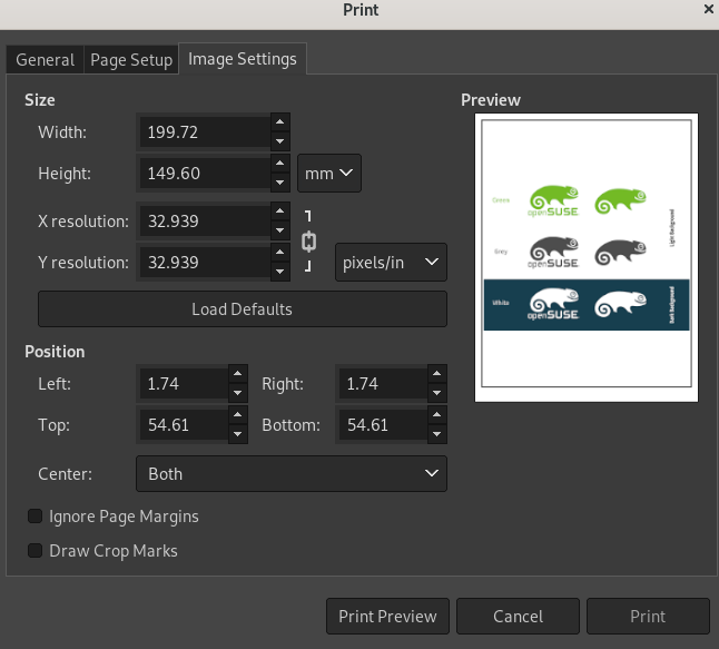 The GIMP print dialog with the opened tab Image Settings to adjust image size, resolution and positioning before printing, with a live print preview panel included The GIMP print dialog with the opened tab Image Settings to adjust image size, resolution and positioning before printing, with a live print preview panel included